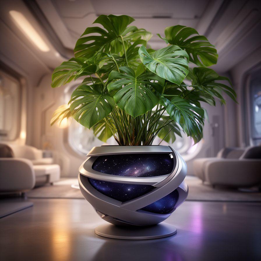 Bestseller Orbit-Übertopf mit üppiger Monstera in einem futuristischen Wohnraum mit sanftem Licht