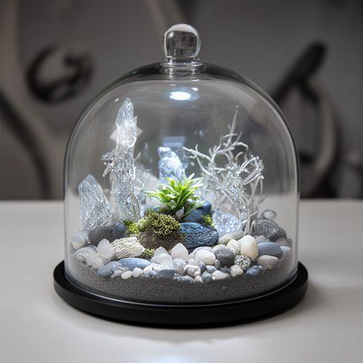 Terrarium mit transparenter Kuppel und zarten Dekosteinen in einem kreativen Setup