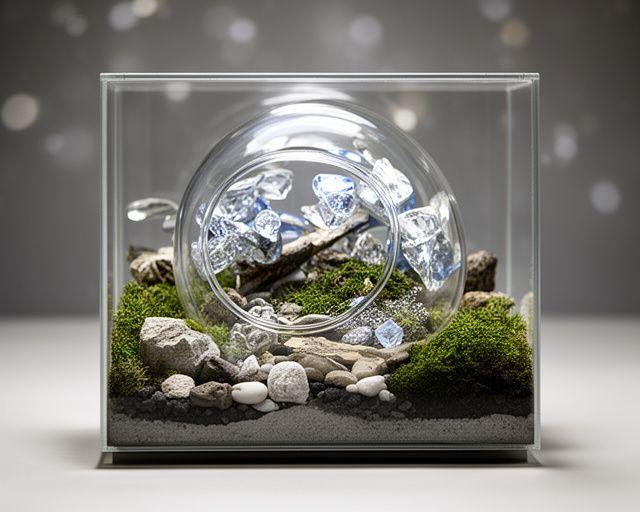 Galaxie-Terrarium mit gläserner Kuppel, Moos und detailreichen Dekoelementen auf einem Tisch