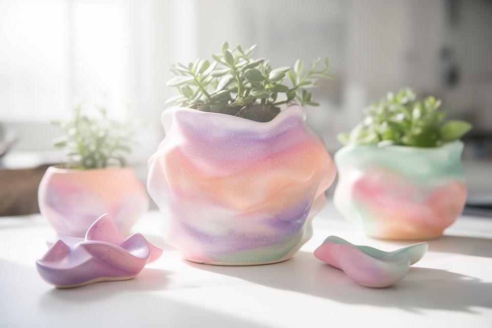 Nebula-Kollektion mit pastelligen Farbverläufen, organischen Formen und handbemalten Pflanzaccessoires in hellem Licht