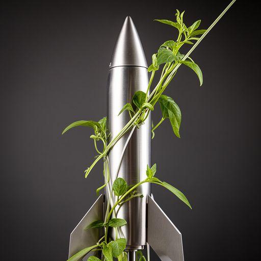 Raketenförmige Rankhilfe aus Edelstahl mit einer jungen Kletterpflanze