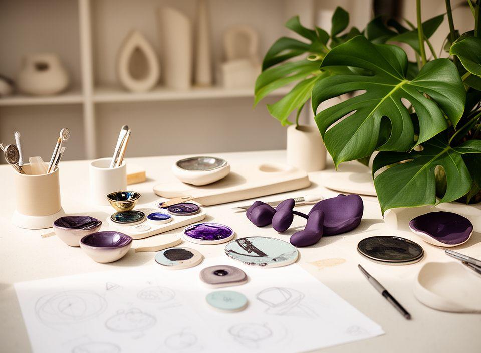 Zürcher Designstudio mit Materialmustern, Keramikproben und Skizzen auf einem hellen Arbeitstisch neben einer Monstera-Pflanze