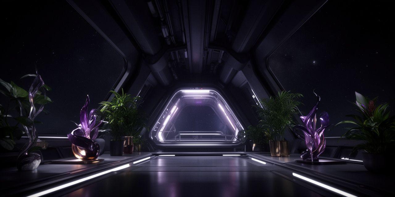 Dramatische Raumstation mit Pflanzenaccessoires in einem dunklen Studio, schimmernde Reflexionen und Sternenlicht im Hintergrund
